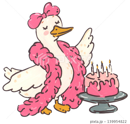 Silly goose birthday illustration set, cute coquette goose character with bow, party hat, present gift, whimsical cartoon duck collection, playful hand-drawn nursery invitation decor Silly goose birthday illustration set, cute coquette goose character with bow, party hat, present gift, whimsical cartoon duck collection, playful hand-drawn nursery invitation decor 139954822