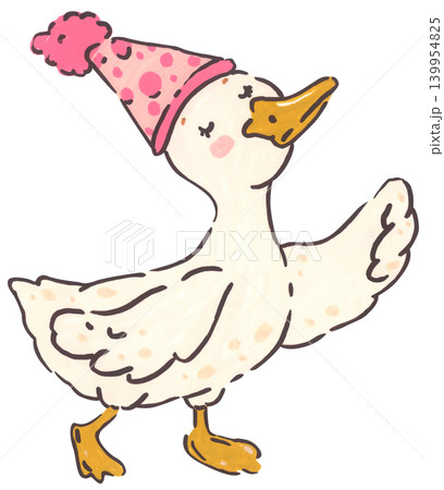 Silly goose birthday illustration set, cute coquette goose character with bow, party hat, present gift, whimsical cartoon duck collection, playful hand-drawn nursery invitation decor Silly goose birthday illustration set, cute coquette goose character with bow, party hat, present gift, whimsical cartoon duck collection, playful hand-drawn nursery invitation decor 139954825