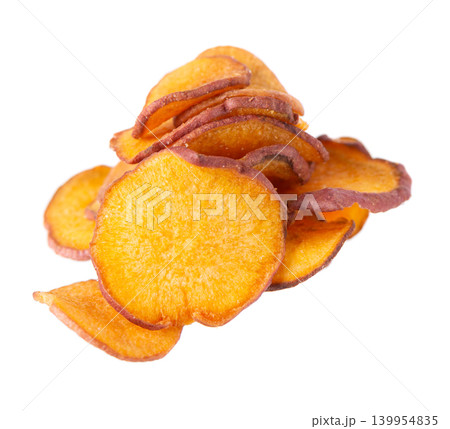 Crispy roasted sweet potato chips with sea salt, isolated on white background. Healthy and crunchy natural vegetable snack. Clipping path. 139954835