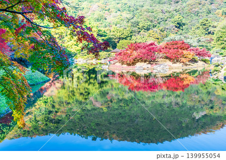 【特別名勝】栗林公園 晩秋の風景 紅葉の楓嶼と水面に映る紫雲山 香川県高松市 【特別名勝】栗林公園 晩秋の風景 紅葉の楓嶼と水面に映る紫雲山 香川県高松市 139955054