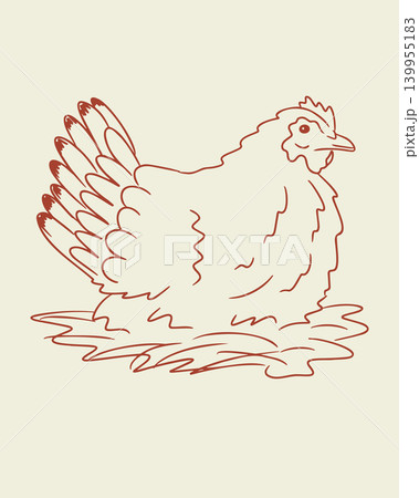 Line drawing of a chicken with detailed feathers and a rounded body, depicted in a minimalist style against a light beige background 139955183