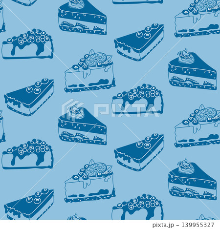 Pattern design featuring various slices of cake with decorative toppings on a blue background, ideal for textiles, wallpapers, or culinary-themed projects Pattern design featuring various slices of cake with decorative toppings on a blue background, ideal for textiles, wallpapers, or culinary-themed projects 139955327