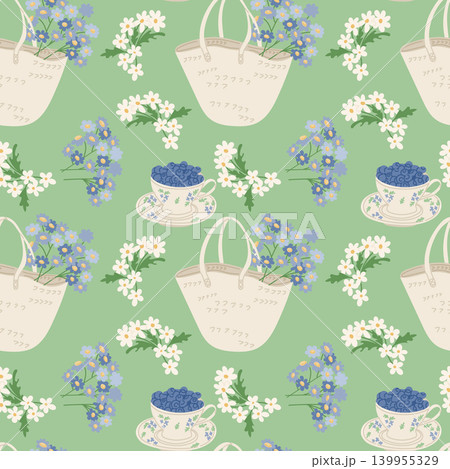 Floral pattern design featuring a cream basket with flowers and a blue teacup on a green background, ideal for fabric or wallpaper applications Floral pattern design featuring a cream basket with flowers and a blue teacup on a green background, ideal for fabric or wallpaper applications 139955329