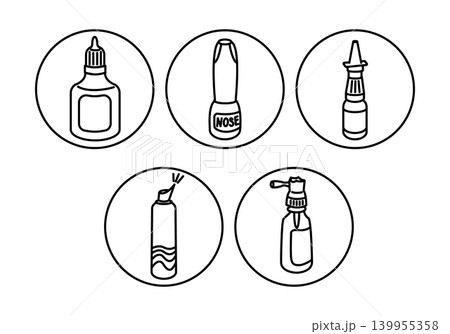 Illustration of various adhesive bottles including glue, nail polish, and spray in circular frames on a white background for design and educational purposes Illustration of various adhesive bottles including glue, nail polish, and spray in circular frames on a white background for design and educational purposes 139955358