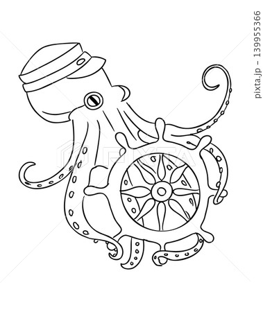 Illustration of an octopus wearing a sailor hat, grasping a ship's wheel with its tentacles, designed in a black and white line art style for coloring or nautical themes 139955366