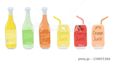 Bottles of soda and juice are arranged in a row, featuring vibrant labels such as lemon juice, cherry juice, and orange juice on a clean white background 139955368
