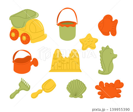 Colorful beach toys including a truck, bucket, fish, starfish, seahorse, sandcastle, and various tools arranged on a white background for childrens play and creativity Colorful beach toys including a truck, bucket, fish, starfish, seahorse, sandcastle, and various tools arranged on a white background for childrens play and creativity 139955390