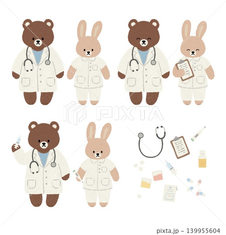 くまの医師とうさぎの看護師のかわいい医療イラストセット くまの医師とうさぎの看護師のかわいい医療イラストセット 139955604