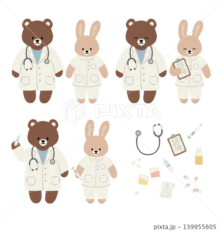 くまの医師とうさぎの看護師のかわいい医療イラストセット くまの医師とうさぎの看護師のかわいい医療イラストセット 139955605