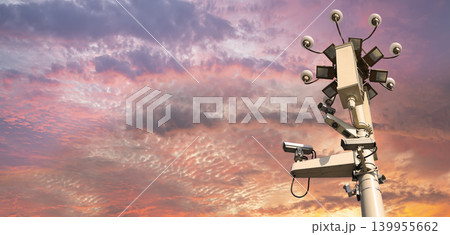 Street lamp on Tiananmen Square in Beijing, China (against the sunset), with propaganda or public announcement speakers     139955662