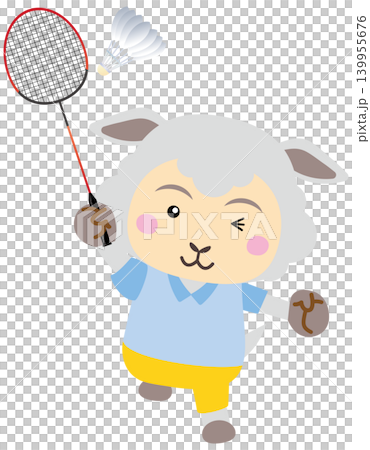 一幅以綿羊為主角的運動插畫，描繪了一隻正在打羽毛球的綿羊。 139955676