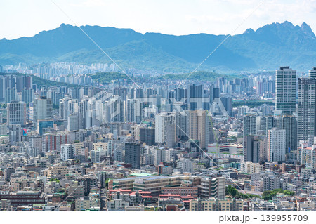 Seoul, South Korea - May. 8, 2026 : Panoramic view of the vast Seoul cityscape and Han River seen from Yongmasan Mountain Observatory on a clear spring afternoon 139955709