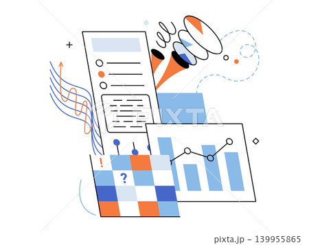 Data charts and document reports vector illustration. Market research, financial planning, digital analytics, strategic management, information processing, corporate growth. Statistical infographics 139955865