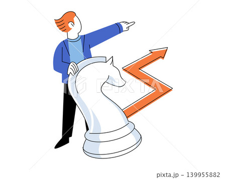 Businessman pointing next to a chess knight and rising arrow vector illustration. Strategic planning, growth, leadership, analysis, advantage, goals. Manager gesturing by a game piece Businessman pointing next to a chess knight and rising arrow vector illustration. Strategic planning, growth, leadership, analysis, advantage, goals. Manager gesturing by a game piece 139955882