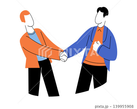 Two men shaking hands vector illustration. Business partnership, successful deal, corporate meeting, networking event, professional agreement, team cooperation. Male colleagues greeting each other Two men shaking hands vector illustration. Business partnership, successful deal, corporate meeting, networking event, professional agreement, team cooperation. Male colleagues greeting each other 139955908