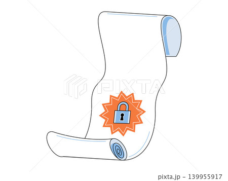 Paper scroll with a padlock icon vector illustration. Data protection, privacy policy, legal security, encrypted document, confidential agreement, digital safety. Parchment roll with a lock Paper scroll with a padlock icon vector illustration. Data protection, privacy policy, legal security, encrypted document, confidential agreement, digital safety. Parchment roll with a lock 139955917