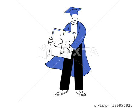 Graduate student holding a large puzzle piece vector illustration. Academic success, career planning, problem solving, skill development, graduation, educational goals. Alumnus with a jigsaw part Graduate student holding a large puzzle piece vector illustration. Academic success, career planning, problem solving, skill development, graduation, educational goals. Alumnus with a jigsaw part 139955926