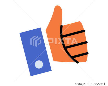 Orange thumbs up hand gesture with blue sleeve vector illustration. Social media, customer feedback, positive rating, success achievement, agreement sign, digital marketing. thumbs up icon with shirt Orange thumbs up hand gesture with blue sleeve vector illustration. Social media, customer feedback, positive rating, success achievement, agreement sign, digital marketing. thumbs up icon with shirt 139955951