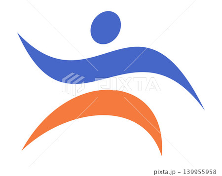 Abstract human figure in motion with blue and orange swooshes vector illustration. Fitness coaching, physical therapy, active lifestyle, sports club, wellness center, energy. Running person Abstract human figure in motion with blue and orange swooshes vector illustration. Fitness coaching, physical therapy, active lifestyle, sports club, wellness center, energy. Running person 139955958