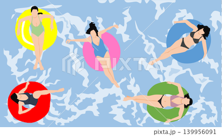 插圖描繪了一位女子在海裡玩救生圈的情景。 插圖描繪了一位女子在海裡玩救生圈的情景。 139956091