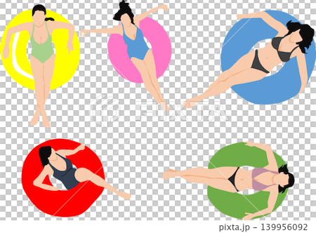 插圖描繪了一位女子在海裡玩救生圈的情景。 插圖描繪了一位女子在海裡玩救生圈的情景。 139956092