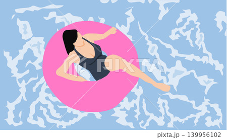 海で浮き輪で遊ぶ女性のイラスト 139956102