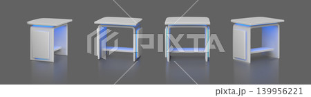Service desk realistic 3D mockup vector set, promotional table counter, presentation stall desktop with led illumination Service desk realistic 3D mockup vector set, promotional table counter, presentation stall desktop with led illumination 139956221