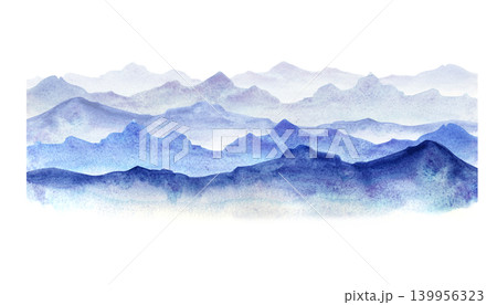 Watercolor blue mountain ridge. Isolated misty mountains landscape element. For travel banners, seamless backgrounds, web design, cards, and posters. 139956323