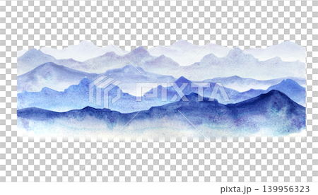 Watercolor blue mountain ridge. Isolated misty mountains landscape element. For travel banners, seamless backgrounds, web design, cards, and posters. 139956323