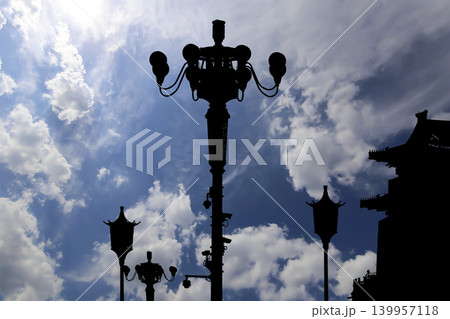 Street lamp on Tiananmen Square in Beijing, China (against the background of a beautiful sky with clouds), with propaganda or public announcement speakers 139957118