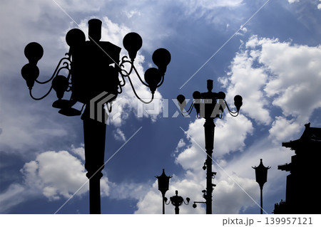 Street lamp on Tiananmen Square in Beijing, China (against the background of a beautiful sky with clouds), with propaganda or public announcement speakers 139957121