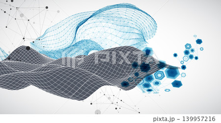 Grid geometric landscape with plexus particles and hexagonal elements. Vector template for tech banner or science presentation. Grid geometric landscape with plexus particles and hexagonal elements. Vector template for tech banner or science presentation. 139957216