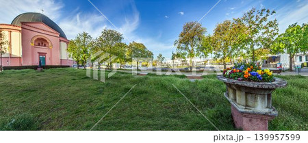 Church and flower planter in Darmstadt city center Church and flower planter in Darmstadt city center 139957599