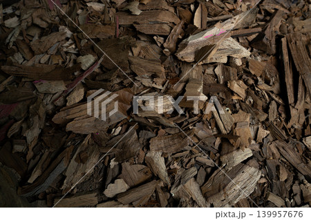 Close-Up of Rustic Brown Wood Chips and Shavings Texture Close-Up of Rustic Brown Wood Chips and Shavings Texture 139957676