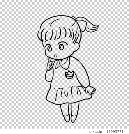 A line drawing of a girl thinking with her index finger on her cheek. 139957714