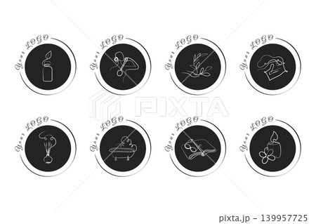 Eight black circular logos feature white line art designs representing wellness activities and self-care. Eight black circular logos feature white line art designs representing wellness activities and self-care. 139957725