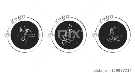 Three elegant circular line art logos feature wellness themes. One shows a person receiving a massage, another has a candle and flower, and the third depicts a hand holding a plant. 139957734