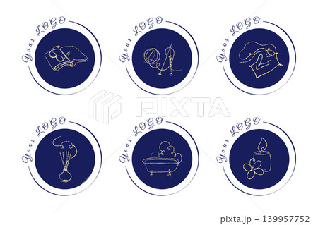 A set of six unique circular logos featuring delicate gold line art on dark blue backgrounds. 139957752