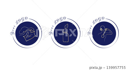 Three unique gold line art logos are shown on a white background, each within a dark blue circle. Designs include a chef's hat, a botanical bottle, and a person with headphones, with Your LOGO above. Three unique gold line art logos are shown on a white background, each within a dark blue circle. Designs include a chef's hat, a botanical bottle, and a person with headphones, with Your LOGO above. 139957755
