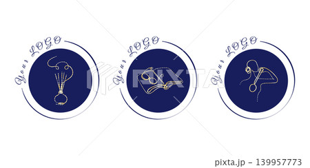 Three elegant gold line art designs are shown within circular dark blue frames. Three elegant gold line art designs are shown within circular dark blue frames. 139957773