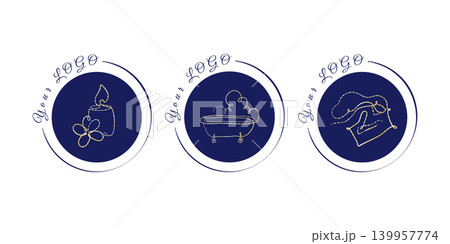 Three elegant logos featuring gold line art on dark blue circles. One shows a lit candle with a flower, another a steamy bathtub, and the third depicts hands holding a small item. Three elegant logos featuring gold line art on dark blue circles. One shows a lit candle with a flower, another a steamy bathtub, and the third depicts hands holding a small item. 139957774