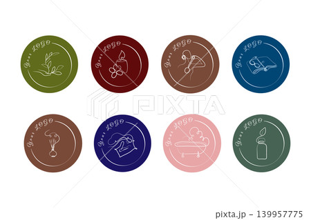 Eight circular emblems display diverse white line art concepts. Themes include nature, relaxation, wellness, cooking, and learning, set against colorful backgrounds. Eight circular emblems display diverse white line art concepts. Themes include nature, relaxation, wellness, cooking, and learning, set against colorful backgrounds. 139957775