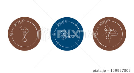 This set presents three unique circular logos with simple white line art on colored backgrounds. 139957805