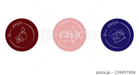 Three distinct circular line art logos are presented on a white background. Three distinct circular line art logos are presented on a white background. 139957806