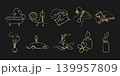 Ten shimmering golden one line art designs displayed against a dark background. 139957809