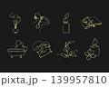 Set of eight elegant gold line art illustrations on a dark background. Icons show a diffuser, person with headphones, bottle, open book, bathtub, hands holding fabric, plant, and a lit candle. 139957810
