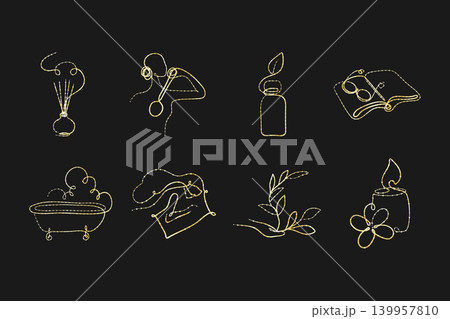 Set of eight elegant gold line art illustrations on a dark background. Icons show a diffuser, person with headphones, bottle, open book, bathtub, hands holding fabric, plant, and a lit candle. Set of eight elegant gold line art illustrations on a dark background. Icons show a diffuser, person with headphones, bottle, open book, bathtub, hands holding fabric, plant, and a lit candle. 139957810