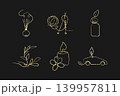Six elegant gold continuous line art drawings on a black background. They show a diffuser, yarn, essential oil, a hand with leaves, a candle, and an eco-friendly car. 139957811
