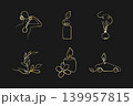 Golden continuous line art designs on a dark background. They show a person with headphones, essential oil bottle, diffuser, hand with plant, candle with flower, and eco-car. 139957815