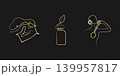 Three elegant gold continuous line art illustrations on a black background. One features an abstract flowing form. Another depicts a bottle with a leaf. 139957817